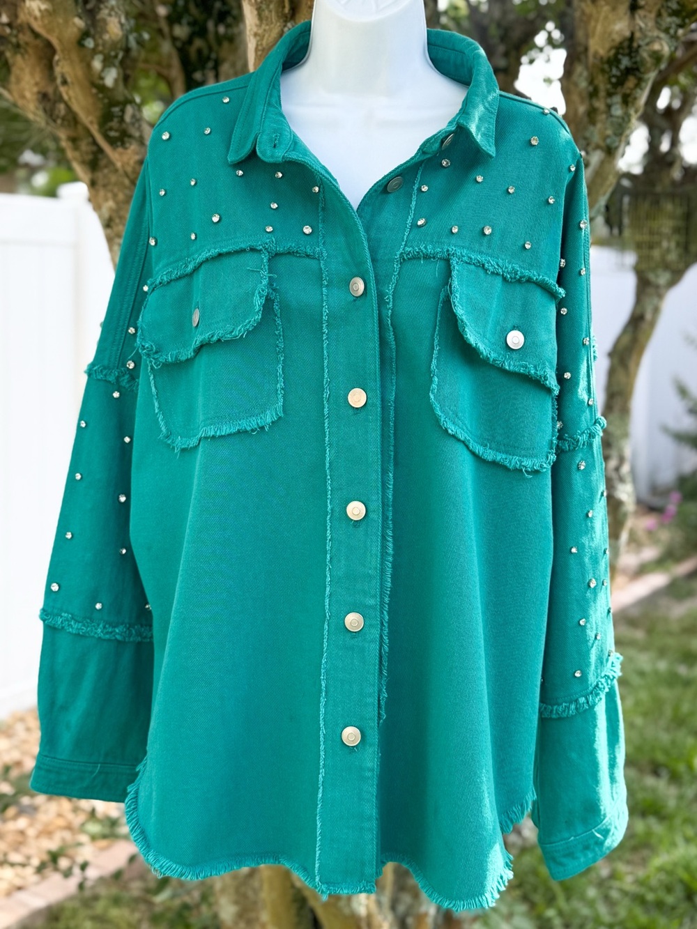Peach Love California Shacket L Green Rhinestone Studded Fringe Button Up